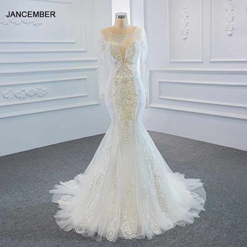 

J66624 JANCEMBER White Wedding Dress 2020 Long Sleeve Applique Pearl Removable Train O Neck Vestido De Casamento Abiti Da Sposa