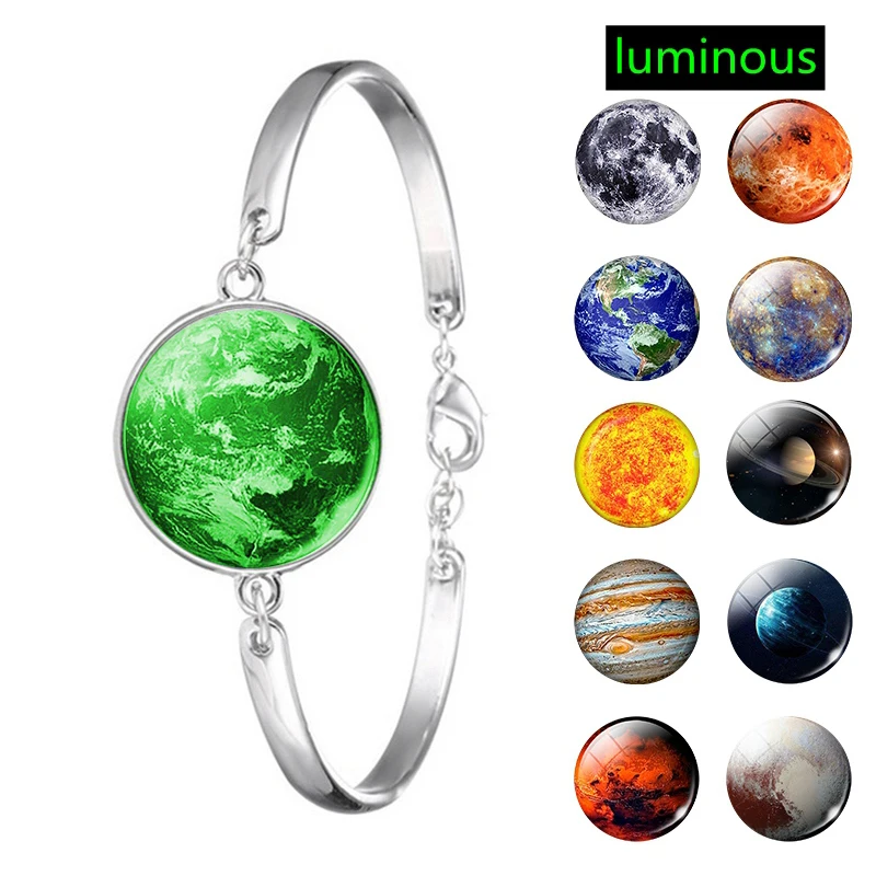 Luminous Solar System Bracelet Moon Earth Planet Glass Cabochon Bracelet Women Men Fashion Cuff Bangle