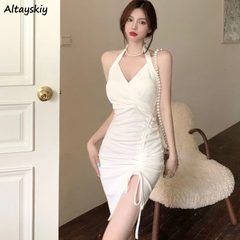 

Sleeveless Dress Women Neck-mounted Fashionable Elegant Draw-string Vestidos Stylish Above Knee Solid Sexy Temperament BF Style