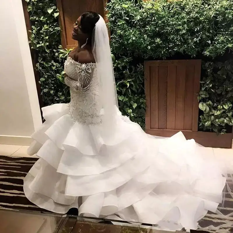 

Hot African Nigeria Mermaid Wedding Dresses long sleeves Off Shoulder Crystal Beaded Tiered Ruffles Court Train Plus Size Bridal