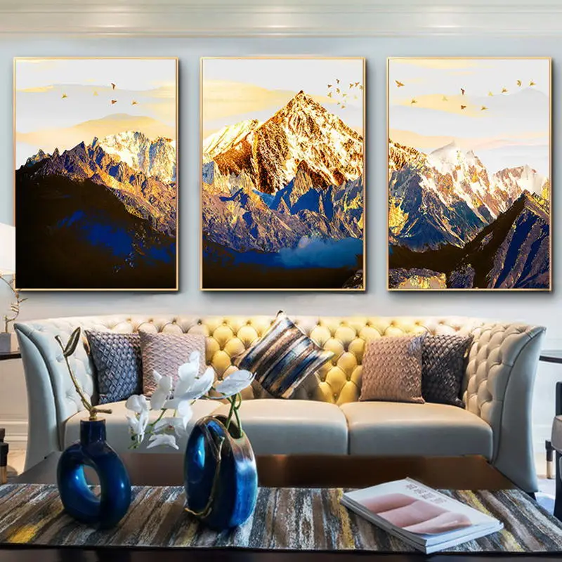 Modular Pictures Poster Wall Art 3 Pieces Golden Snow Mountain Abstract Canvas Home Decor Landscap Prints Painting Living Room