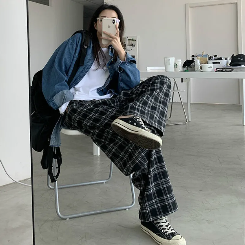 女性用ワイドレッグチェックパンツ,ハイウエスト,ファッショナブルなストリートウェア,シック,ストリートウェア,トレンディ,素晴らしいオファー,夏と秋