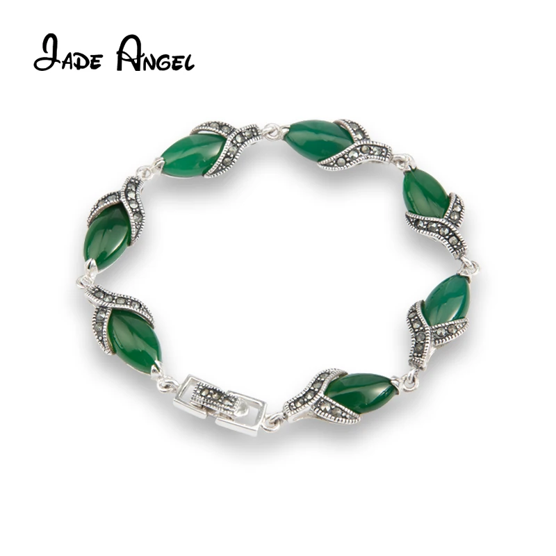 Jade Angel Women Vintage 925 Silver Thailand Bangle with Green Agate Fine Jewelry Design Sterling Silver Bracelet Femme