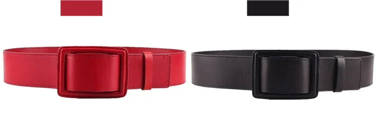 Simple กว้างเอวชั้น Cowhide หนังเข็มขัดหนังผู้หญิง Square Buckle สีดำตกแต่งเข็มขัด