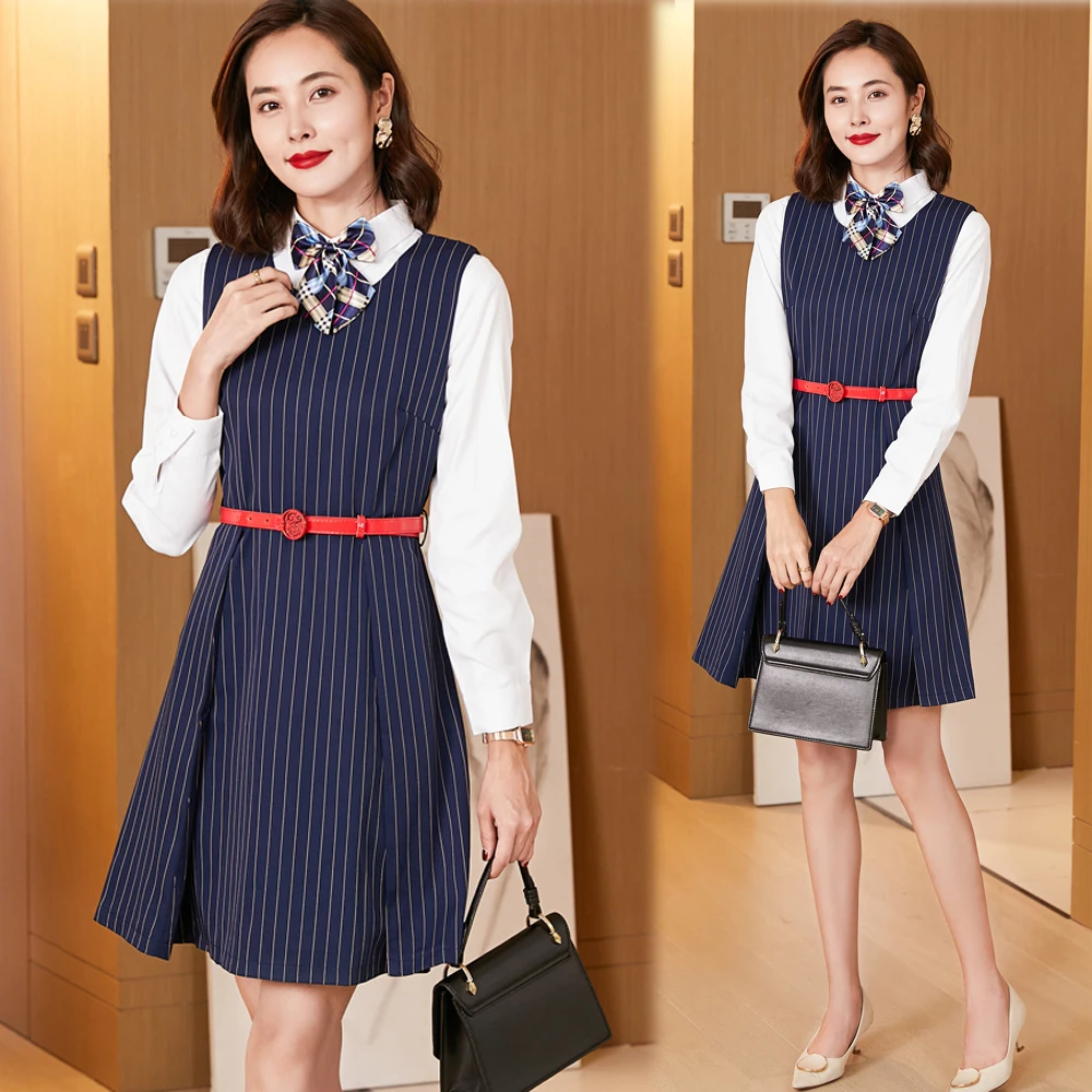 

South Korea summer women's stewardess uniform V-neck skirt beauty salon waiter dress (vest skirt + shirt + bow tie + belt)