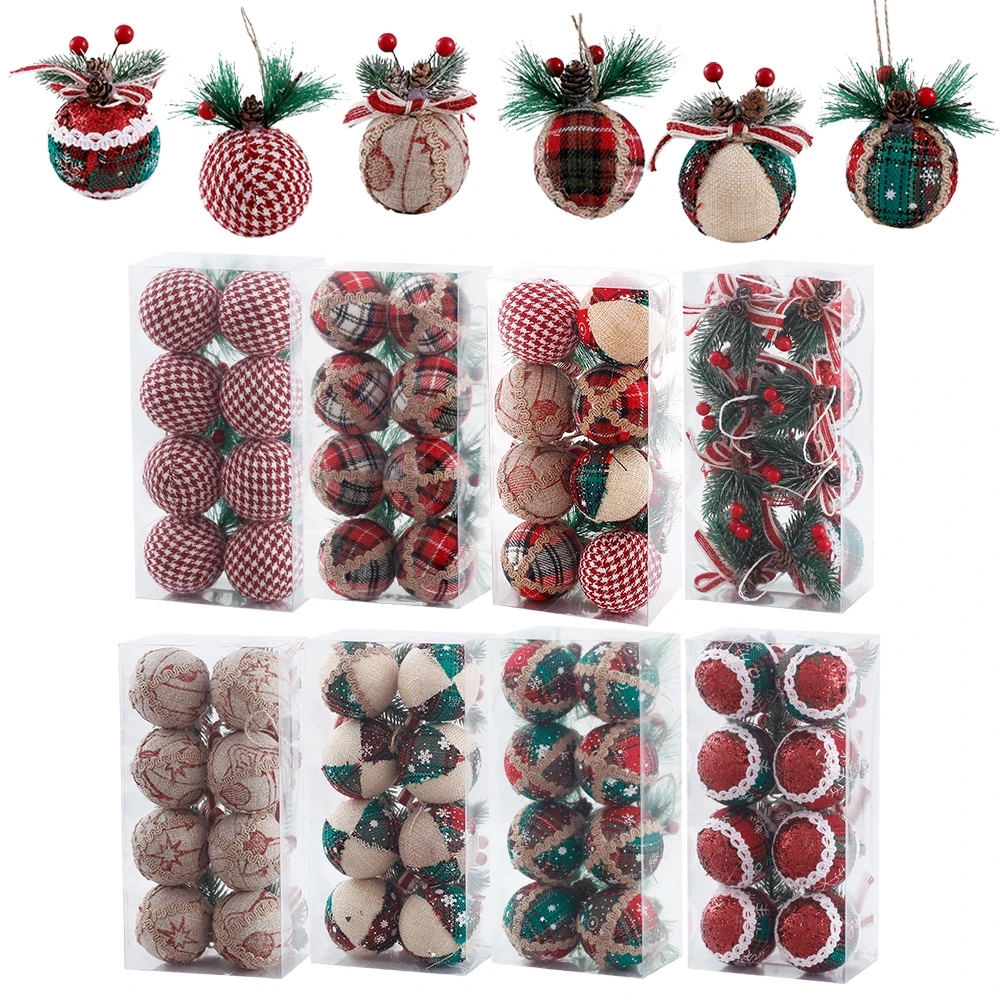 8Pcs Red Green Plaid Pattern Christmas Balls With Pine Cone Woolen Decor Hanging Balls Rustic Christmas Tree Decorations Pendant