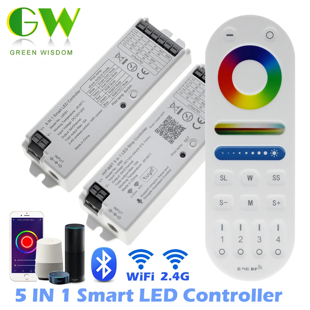 2.4G 5 IN 1 LED Controller Tuya WiFi Dimmer CCT RGB RGBW RGB+CCT LED Strip Smart Controller RF Wireless Remote Control 12V 24V