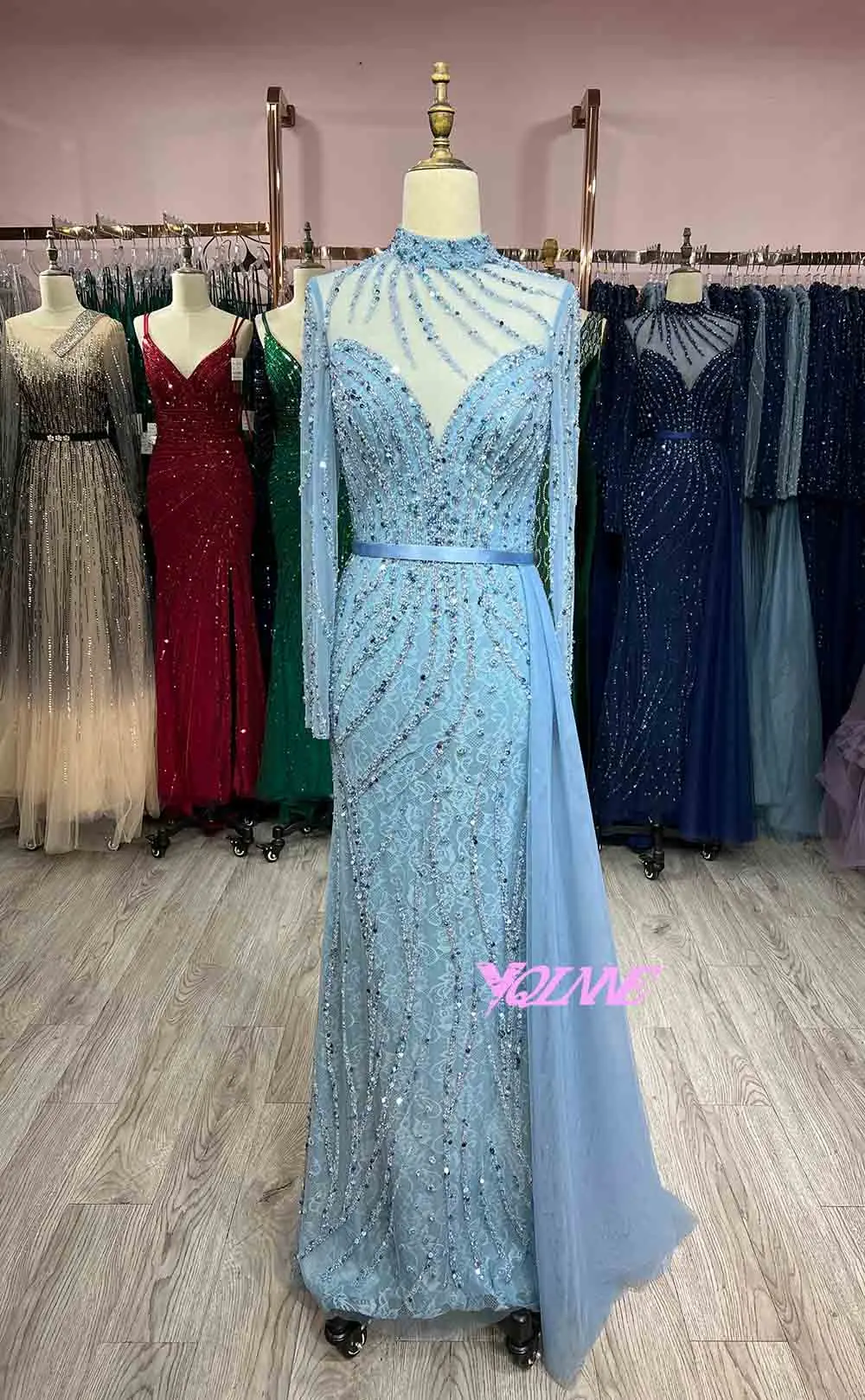 Elegant Long Sleeve Navy Rhinestones Evening Dresses High Neck Tulle Lace Beaded Formal Women Party Gowns Mermaid