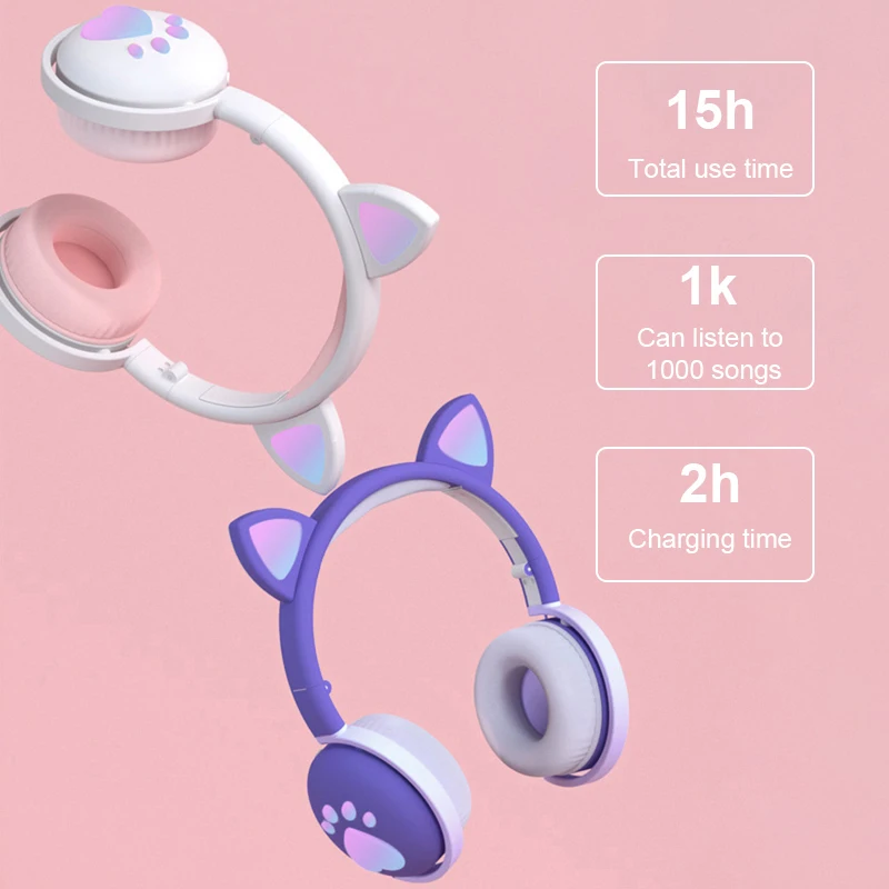Fone de ouvido sem fio com orelha de gato bluetooth-compatível 5.0 fone de ouvido com microfone led fone de ouvido para crianças/crianças/meninas presente