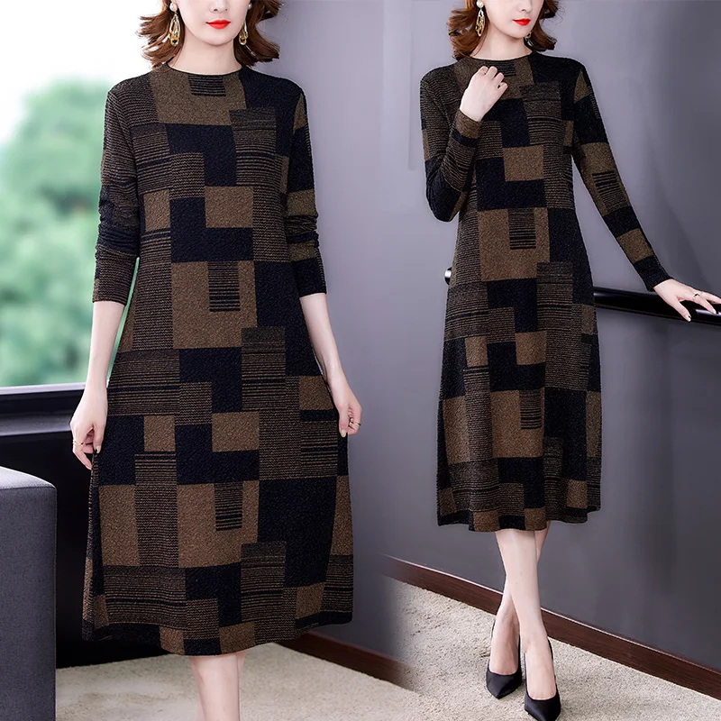 Autumn Winter Plaid Plus Velvet Thickening Midi Dress Women Vintage Long Sleeve Party Vestidos 2024 Elegant Bodycon Casual Dress