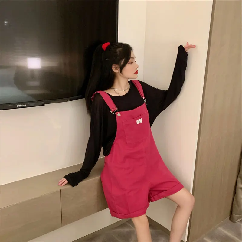 New Lady Rosepink Denim Overalls Jumpsuit Rompers Label Pocket Women Casual Fashion Female Pants Hot