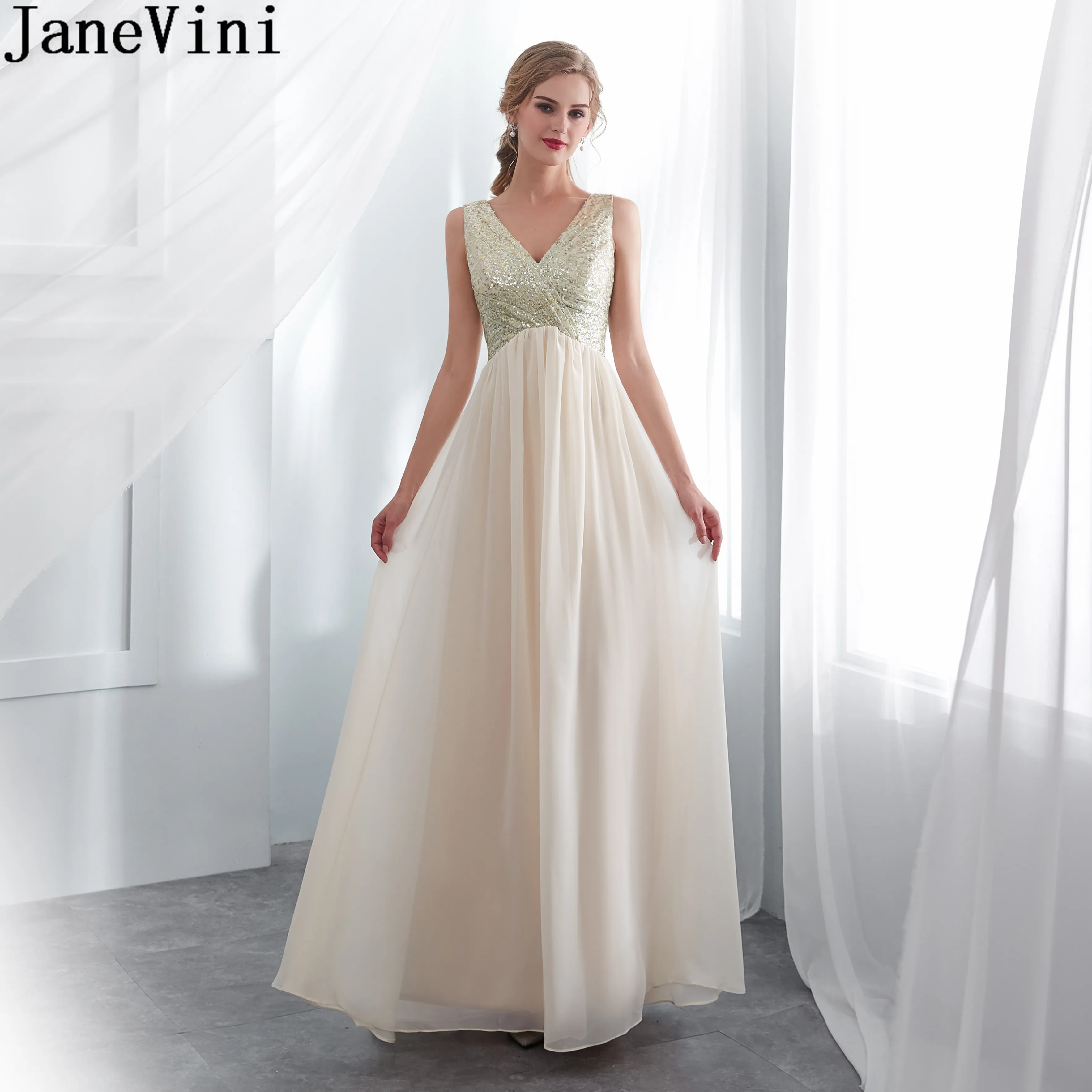 

JaneVini Elegant Sequined Long Evening Dresses for Pregnant Women Ladies Gown Champagne Chiffon A Line Maternity Formal Dress