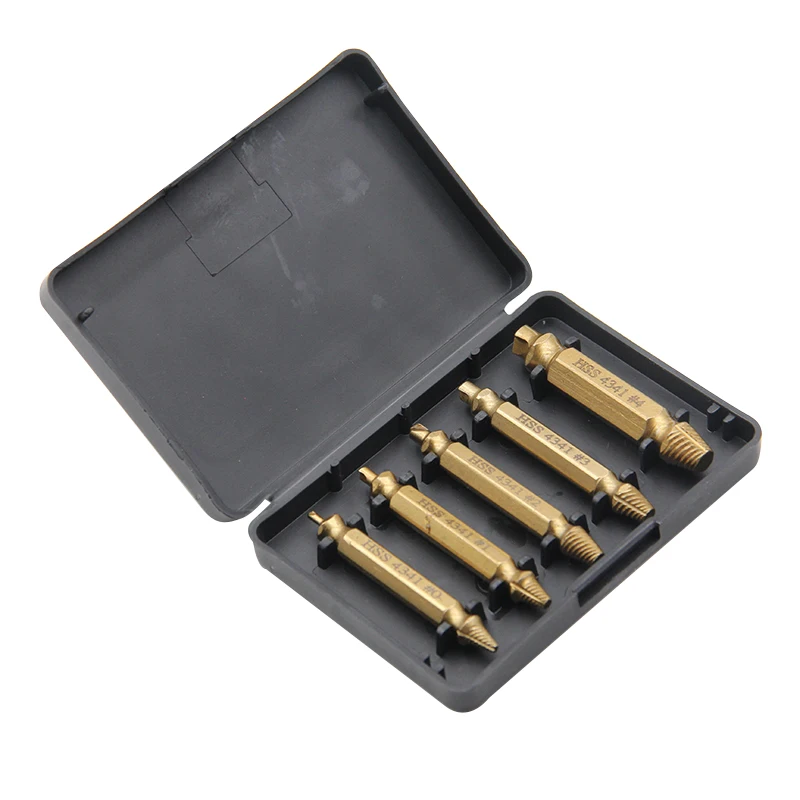 Tornillo dañado HSS 4341, removedor de titanio de 5 piezas, juego de Extractor de tornillos a rayas de doble extremo, herramientas para carpintería