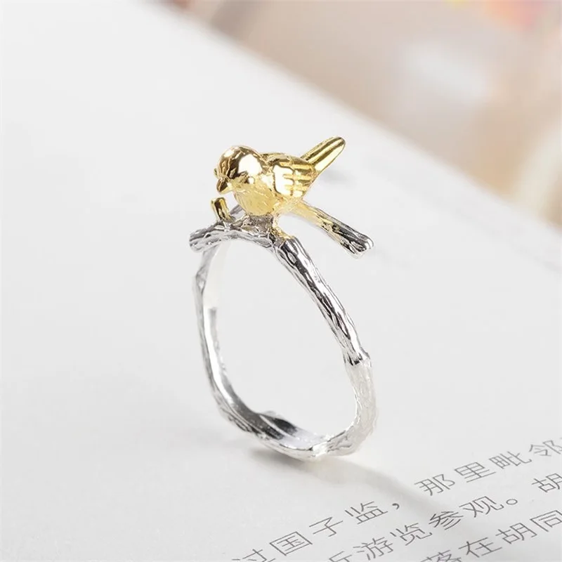 VENTFILLE 925 Sterling Silver Branch Bird Opening Ring Female Fashion Simple Personality Exquisite Hand Ornament Gift