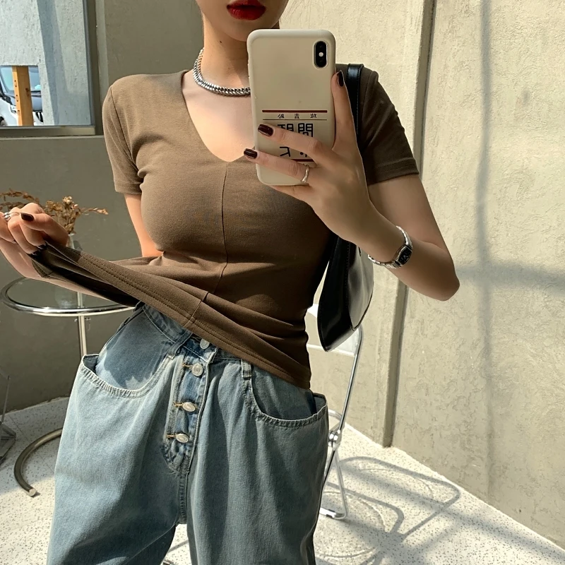 Casual Cotton V Neck Short Sleeve T-shirt Women Fashion Shoulder Pad Solid Color Summer Slim Tees Ladies Basic Elastic Tops