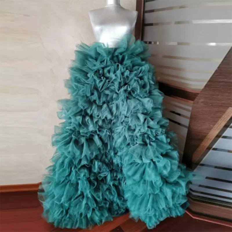 

Elegant Emerald Green Ruffle Tiered Floor Length Tulle Skirts Real Image Puffy Elastic Tutu Long Prom Gowns Vestidos Custom Made