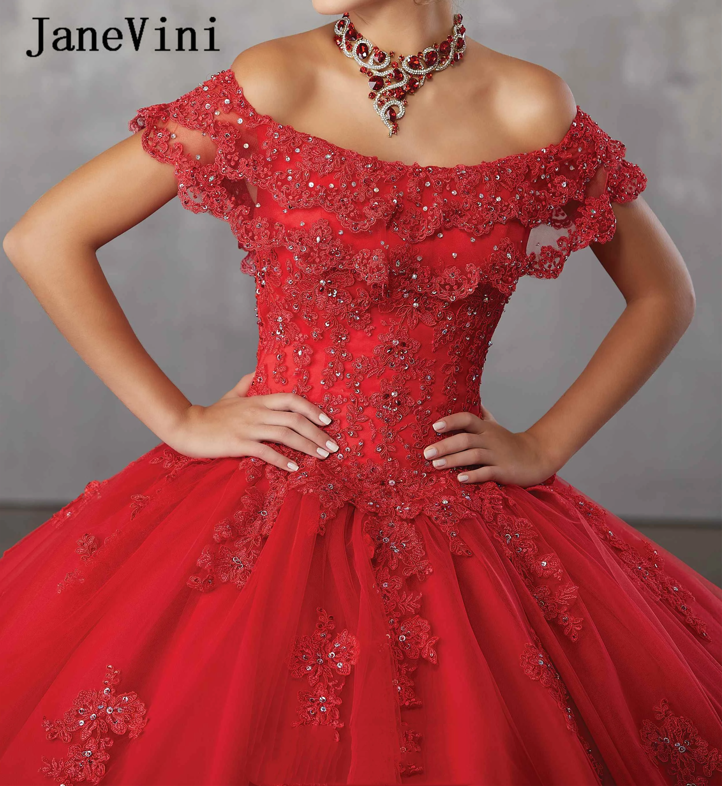 Janevini encantador vermelho longo quinceanera vestidos vestido de baile fora do ombro rendas apliques frisado inchado tule meninas doce 15 vestidos