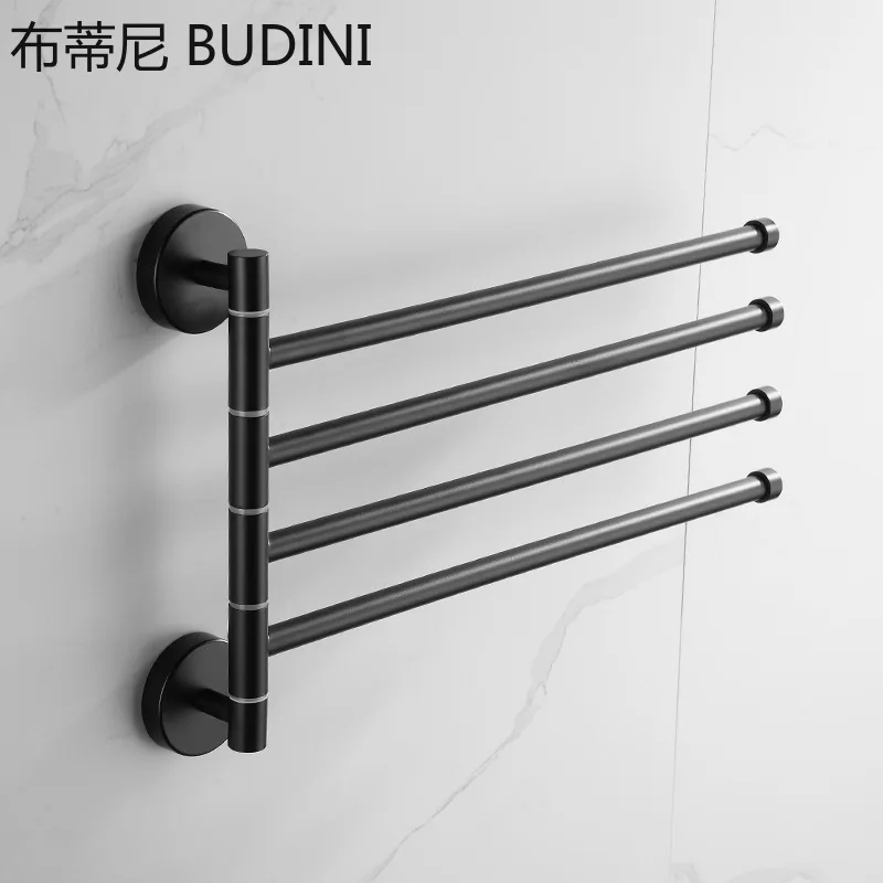 Nordic Black/Silver Rotating Towel Bar Space Aluminium Activity Towel Rack Wall-hung Punching-free Bathroom Storage Rack