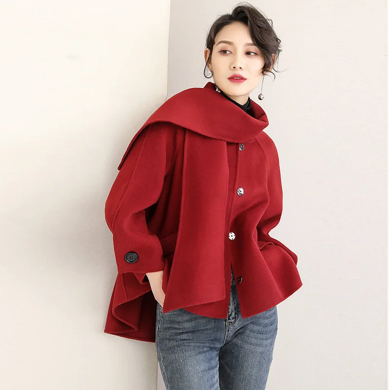 100% Wool Coat Female Jacket Red Korean Cloak Black Fashion Overcoat Women Spring Autumn Coats and Jackets 2020 12QLH1011 KJ6065