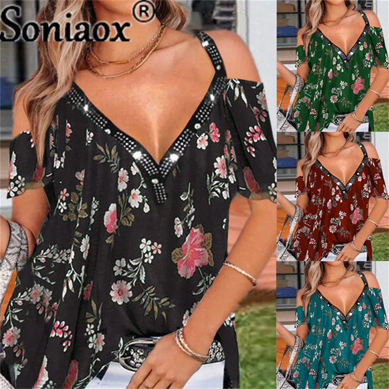 Flowers Print V Neck Elegant Blouse Shirt Women 2021 Summer Strapless Short Sleeve Diamond Tops Femme Summer Blouses T-Shirt