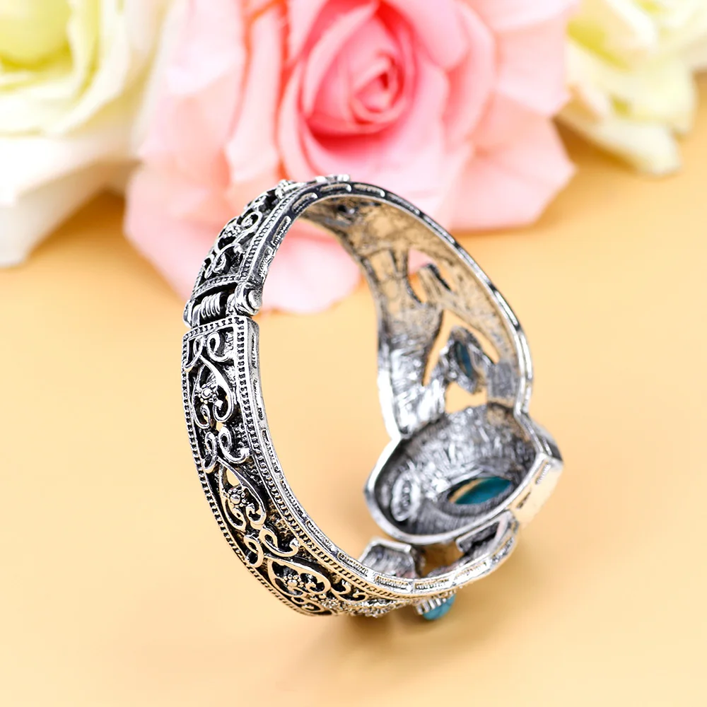 Sunspicems Vintage Natural Stone Cuff Bracelet Female Bangle Turkish Ethnic Wedding Jewelry Antique Silver Color Bohemia Bangle