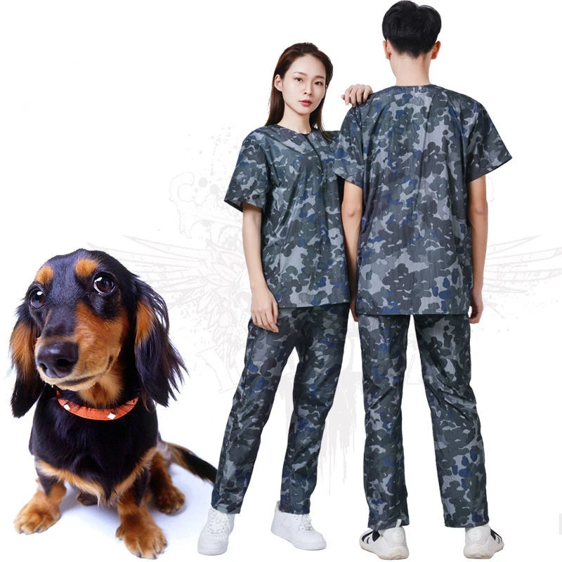 Pet Dog Grooming Work Clothes Pet Shop Uniforms Camouflage Pants Short Sleeved Waterproof Top Hair Salon Hairdresser Gown Y0625