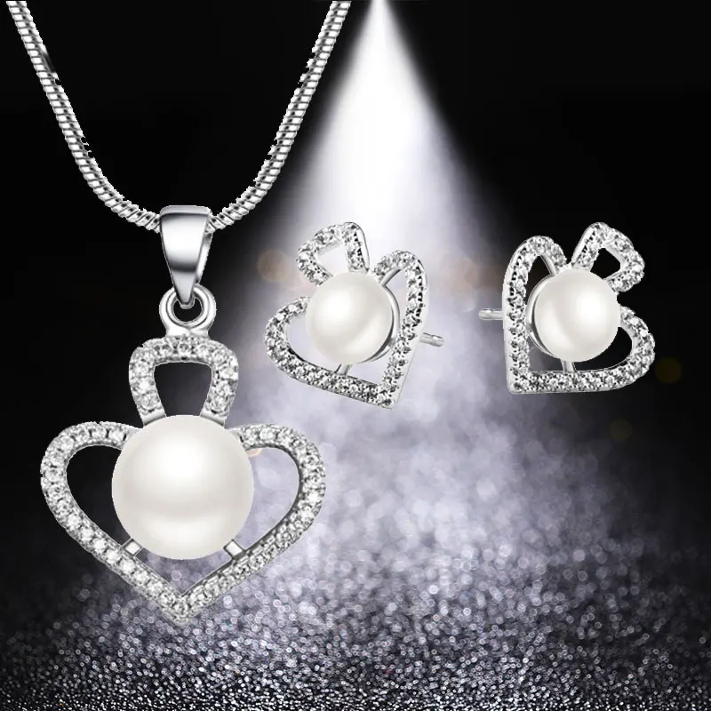 HUAMI Pearl Stud Earrings Heart Necklace Sets for Women Jewelry Shine Zircon Silver Chain Gift for Girlfriend Elegant Wedding