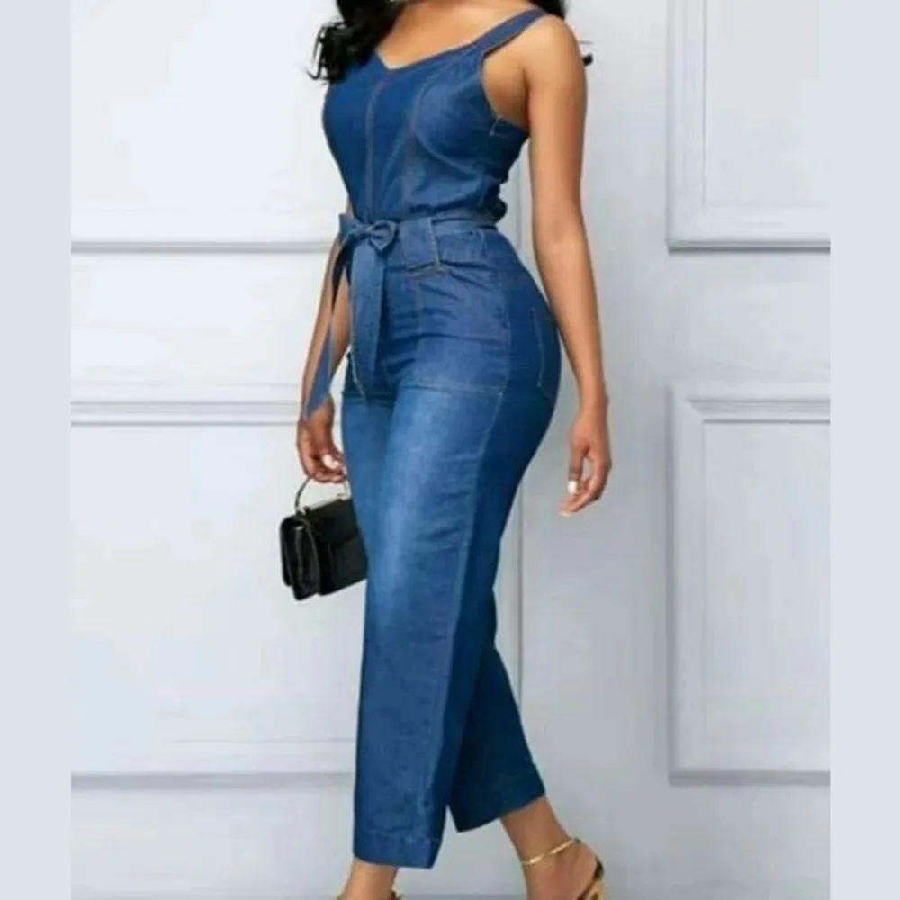 

African Clothes Women Denim Jumpsuit Washed Elastic Straight Overalls Lady Office Elegant Work Wear sleeveless Jeans Romper