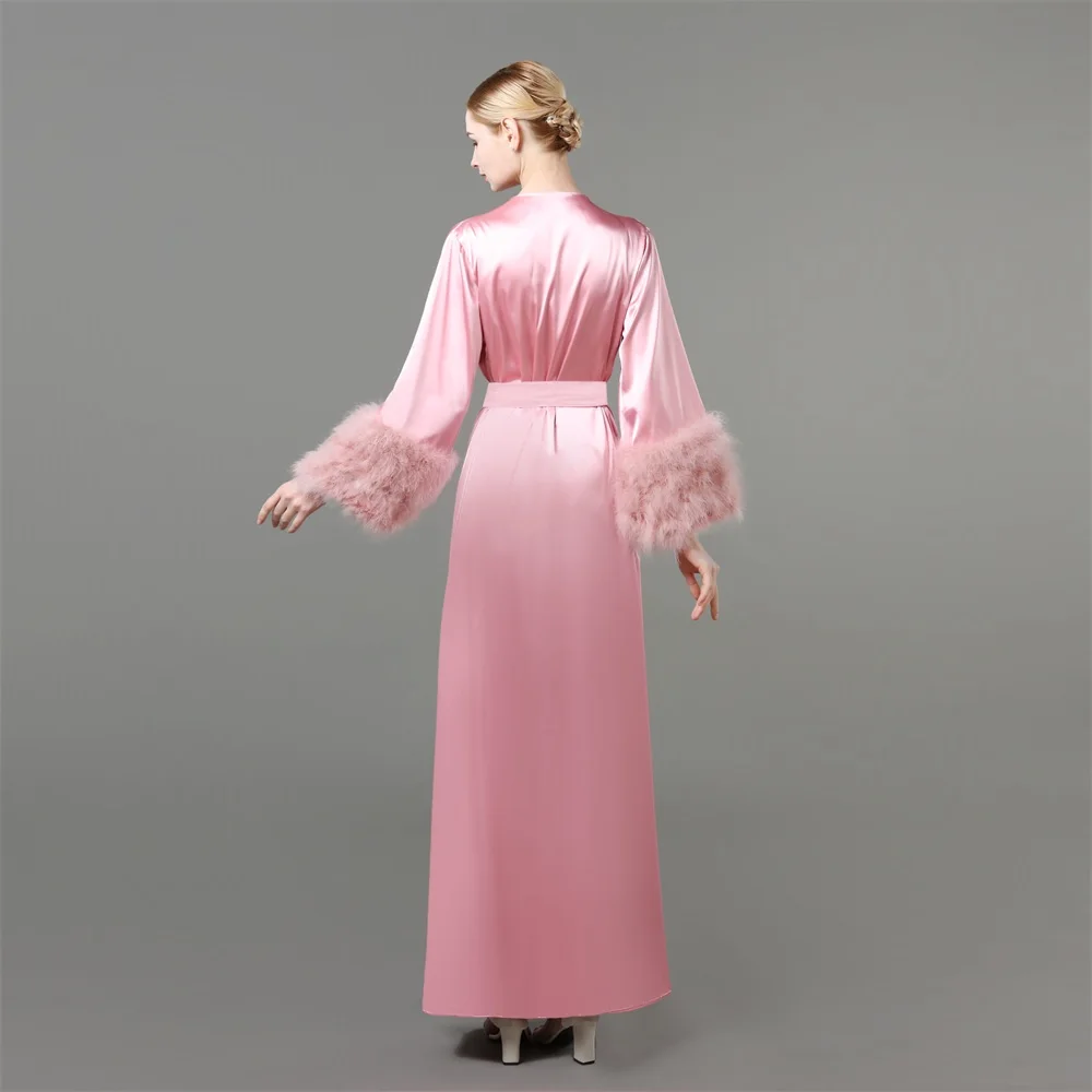 Pink Robe Maternity Prom Dresses Long Sleeves Fur Evening Gowns Kimono Pregnant Party Sleepwear Women Bathrobe Sheer Nightgown