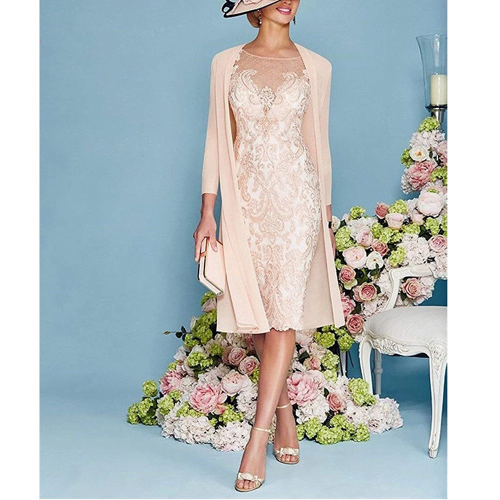 Light Pink Women\'s Mother of The Groom Dresses Tea Length Lace Mother of the Bride Dress with Jacket Formal Evening Gowns