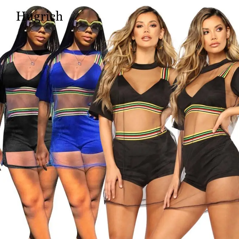 

Women Sexy Three Piece Set Mesh Shorts Crop Top Bra Short Sleeve Tracksuit Female 3 Piece Set Summer Outfits Matching Beach Suit