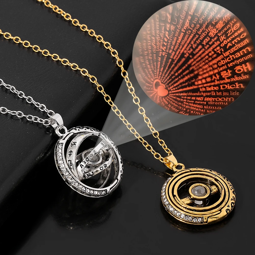 Openable Rotatable Astronomical Ball Projection Necklace 100 Language I Love You Pendant Necklace for Women Men Choker Jewelry