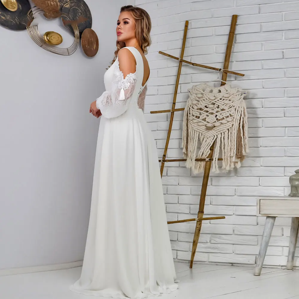 Vestido De novia bohemio De gasa personalizado, encaje De manga larga, largo hasta el suelo, línea A, vestidos De novia, bata baja sin espalda De Moriee