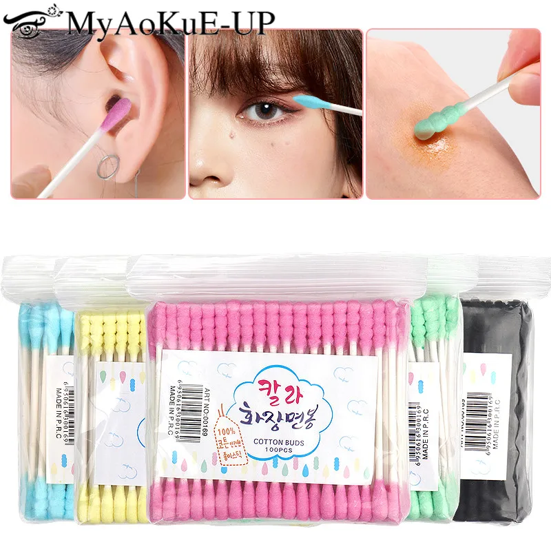 

100pcs Disposable Cotton Swab Eyelashes Microbrush Pink Ear Clean Wooden Sticks Rod Makeup Remover Cotton Buds Cosmetic Tools