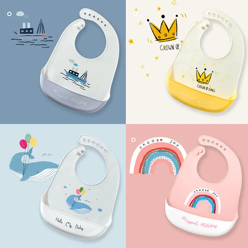 2021 Cute Baby Bibs Waterproof Silicone Bib Feeding Infant Newborn Cartoon Apron ToddlerX Adjustable Bib Burp Cloths with Pocket