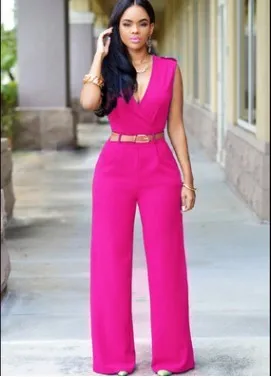 High-waist V-neck Wide-leg Pants Irregular Suit With Belt Women Jumpsuit Sleeveless Bodysuit women