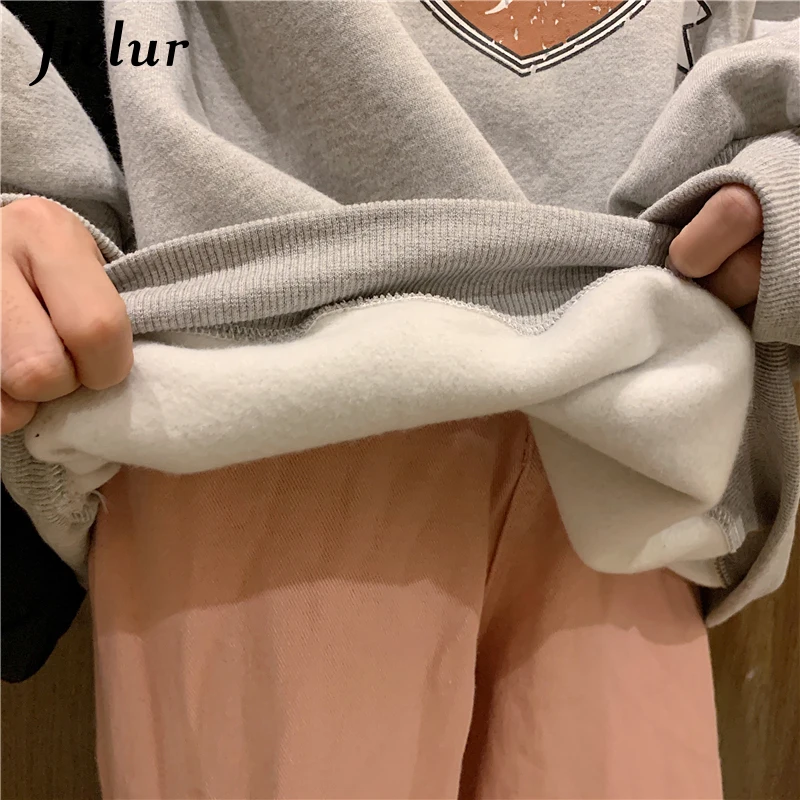 Jielur Korean Fashion Hoodies for Women Hooded Warm Fleece Gray White Sweatshirt Female Winter Loose Leisure M-XL Size Print Top