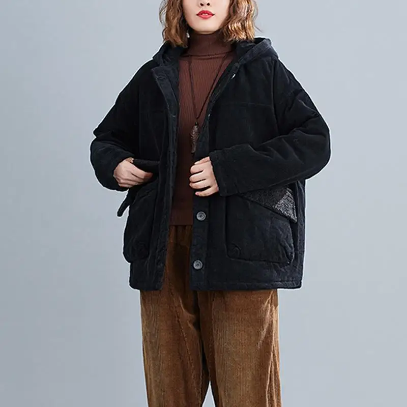 Oversized Corduroy Winter Jacket Coat Women Thicken Warm Woman Hooded Ladies Casual Loose Jackets and Coats