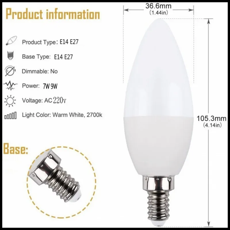 E14 E27 Led Bulbs Ac 220v Led Light Chandelier Lamp 7w 9w Lamp Candle Bulb Home Decor Chandelier