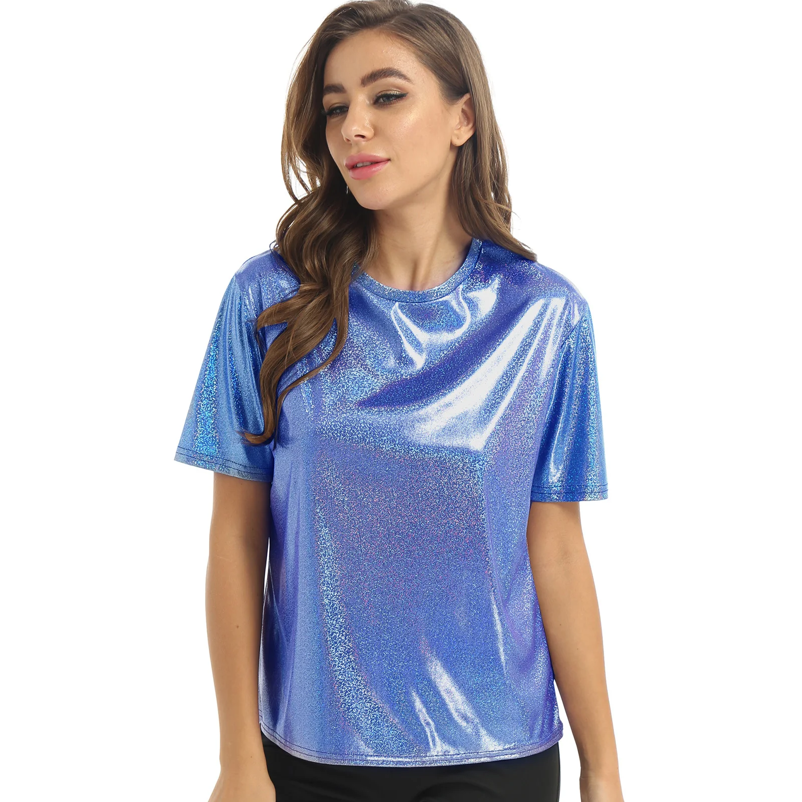 

Women Sparkling Dance Tops Stage Performance Costume Jazz Dancewear Fashion Short Sleeve Shiny T-Shirt Top Rave Party Clubwear