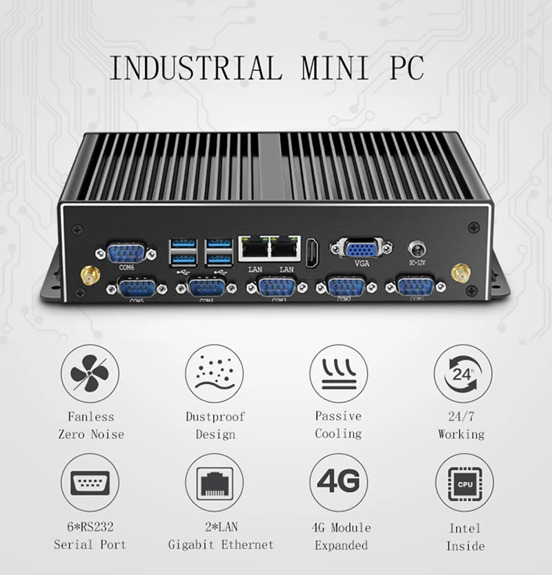 Industrial Mini PC Fanless Dual LAN 6*COM RS232/RS485 Intel Core  i7 5500U Celeron J1900 Windows 10 Mini Computer Linux WIFI