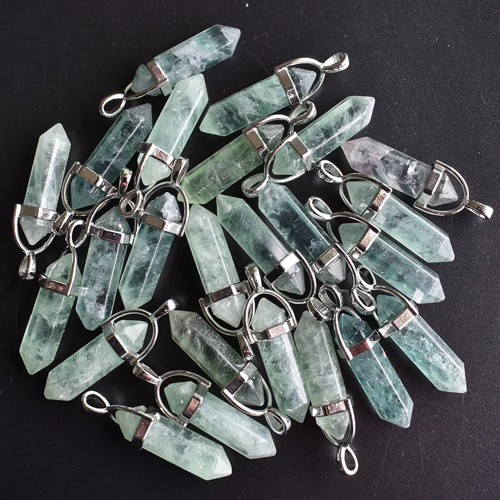 Fashion good quality natural green fluorite stone pillar charms point Chakra pendants for jewelry making 24pcs/lot Wholesale