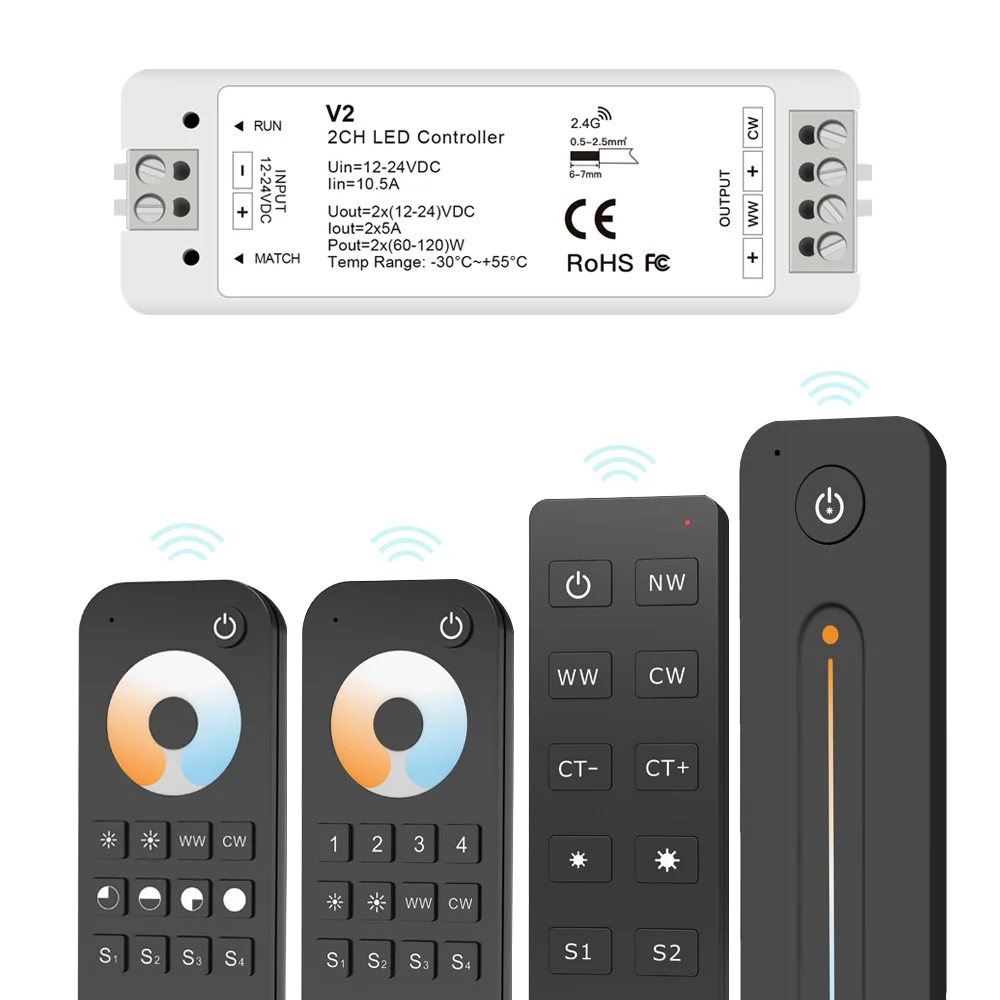 RF 2.4G Dual Color CCT LED Controller For Dynamic White LED Strip Lights 12V~24V 5A/Channel High Power Brightness Dimmer