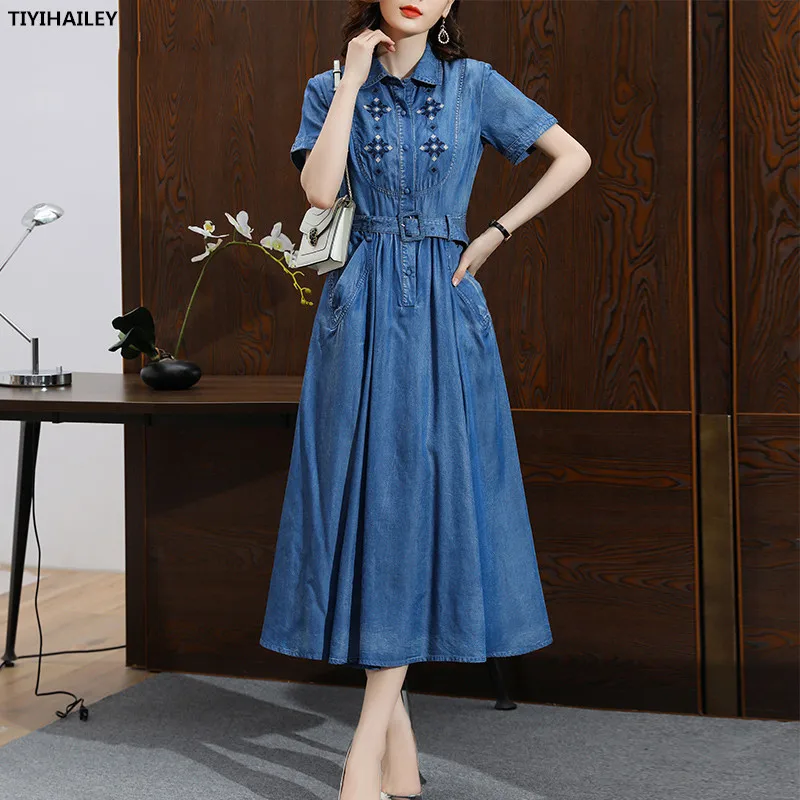 TIYIHAILEY 2022 Free Shipping Vintage Women Long Mid-Calf Summer Denim S-3XL Single-breasted Short Sleeve Embroidery Dress Belt