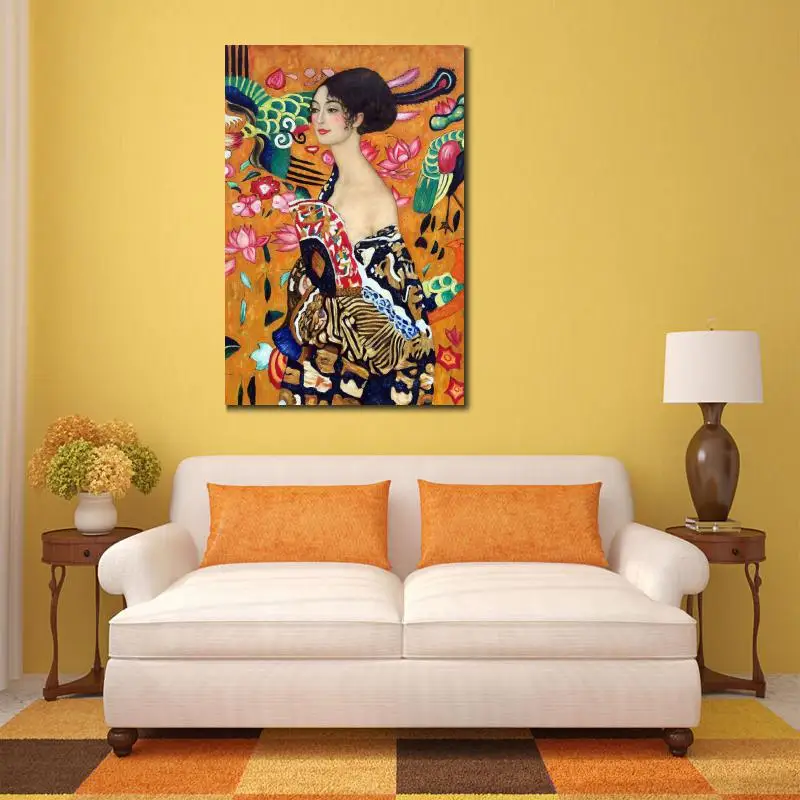 Imagem -03 - Lona Wall Art Gustav Klimt Retrato Pintura Senhora com um Ventilador Mão Óleo Pintado Mulher Linda Obra para Decoração do Quarto Presente