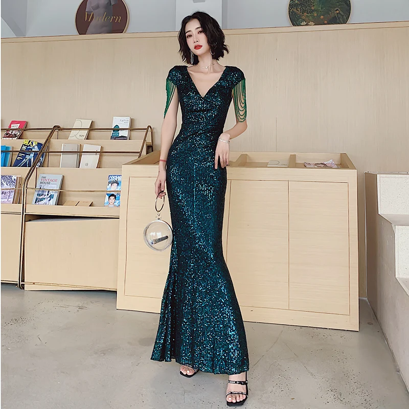 

wei yin AE0301 Green Luxury V Neck Sequined Mermaid Evening Dress Long Evening Pageant Dresses Formal Gown robe de soiree