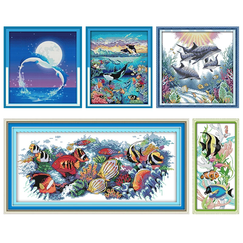 Tropical Fish Dolphin Stamped Embroidery Cross Stitch Kit Printed 11CT 14CT Counted Fabric Needlework Decor Thread Canvas Crafts