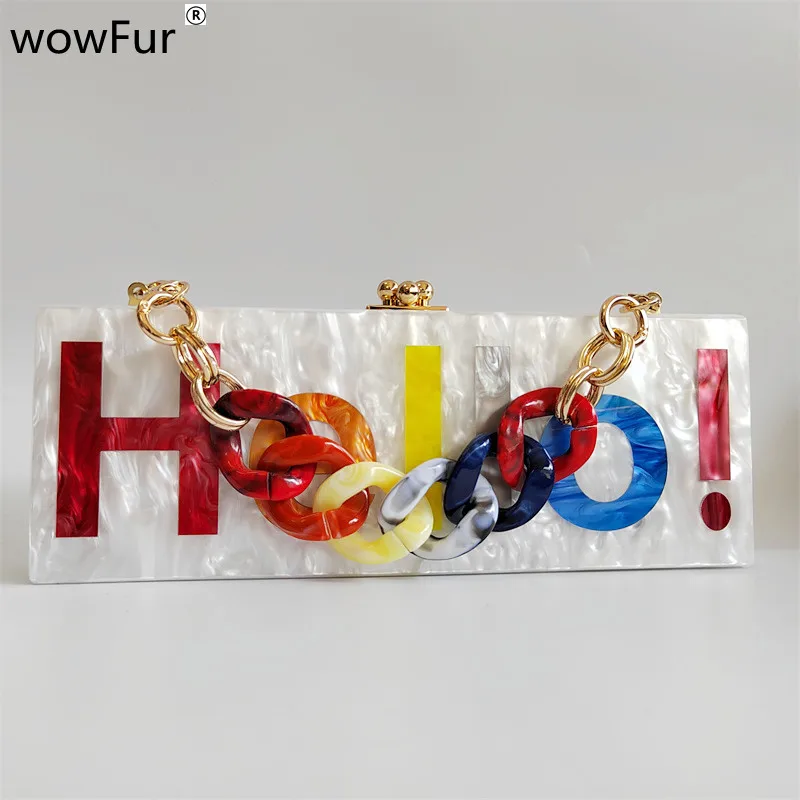 Pearl White Name Letter Hello  Acrylic Clutch Bags Party Evening  Purse Lady Flap Female  Perspex Bag Handbags for Women Wallet