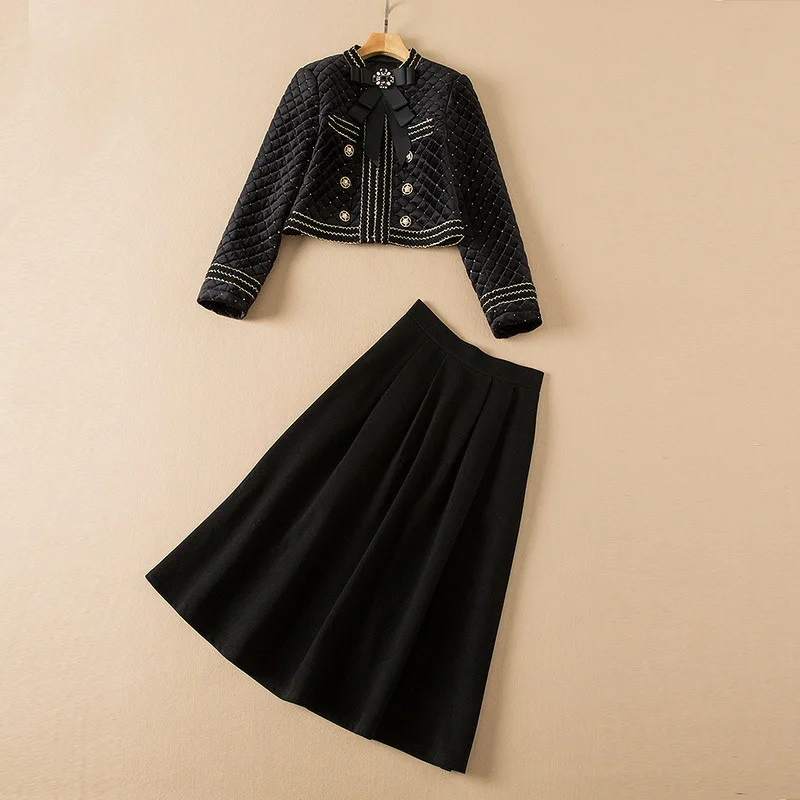 European and American women's clothing winter 2022 new Long-sleeved double-breasted velvet coat Pleated skirt Fashion suits