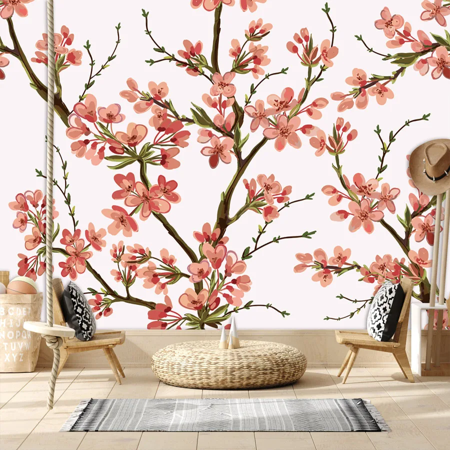 

Photo Custom Self Adhesive Accept Wallpapers for Living Room Tropical Branches Blossom Cherry Flowers Decoration Walls In Rolls